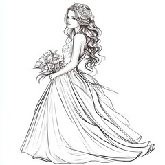 coloring page: A captivating black-and-white line art illustration of a radiant bride, delicately holding a bouquet, capturing grace and elegance in her wedding day.