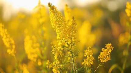 Obraz premium Goldenrod Blooms: A Vibrant Display of Yellow Flowers in a Sunlit Field