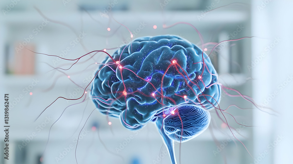 Poster a 3d rendering of a translucent blue human brain with glowing red neural connections in a bright blu