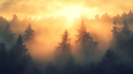 Fototapeta premium A peaceful sunrise appearing through thick fog in a dense pine forest, with golden light shining through the mist, creating a magical and calm atmosphere. Glistening Fog. Illustration