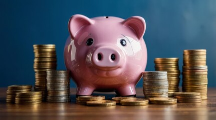 Pink Piggy Bank with Stacks of Coins Savings Goals