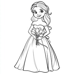 Fototapeta premium Elegant Cartoon Princess: A sweet cartoon princess, holding a delicate bouquet. wearing a beautiful gown, bringing an aura of charm and happiness. 
