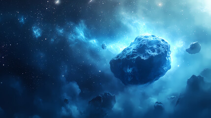 Aqua blue fog rolling over a glittering asteroid, astronomy, space. Glistening Fog. Illustration