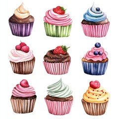 Whimsical Watercolor Treats. Delightful Collection of Colorful Cupcakes for Sweet Celebrations