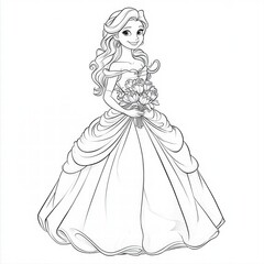 Fototapeta premium Elegant Princess Sketch with a bouquet: This enchanting line drawing captures the beauty of a princess in an elegant gown holding a bouquet of flowers, all in a classic, timeless style.