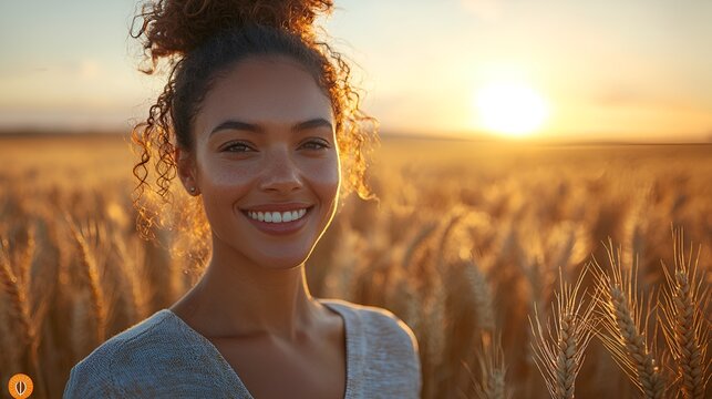 Woman smiles in golden wheat field at sunset