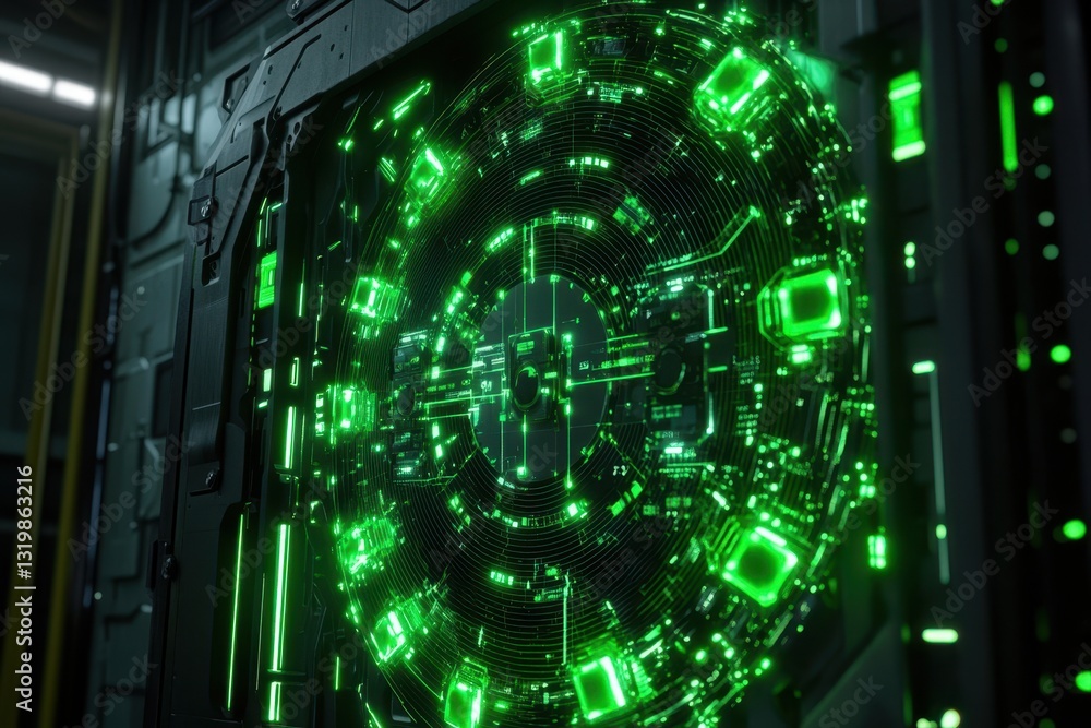 Poster futuristic green circuit design with intricate patterns in a high-tech setting