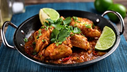 Fototapeta premium sizzling spicy chicken dish served on a hot platter with lime wedges and fresh cilantro garnish