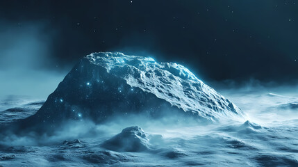 Aqua blue fog rolling over a glittering asteroid mountain, geography, cosmic, sparkling. Glistening Fog. Illustration