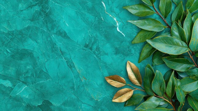 Bold green marble backdrop with lush leaves and accents - Powered by Adobe