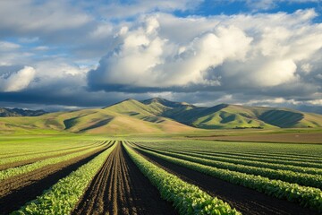 Lettuce Fields in Central California: A Sprinkler System Nourishing Crops in the Picturesque Salinas Valley