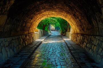 A beautiful cobblestone path gently curves beneath a stone archway, with sunlight illuminating the way. Lush greenery frames both sides, creating a tranquil atmosphere