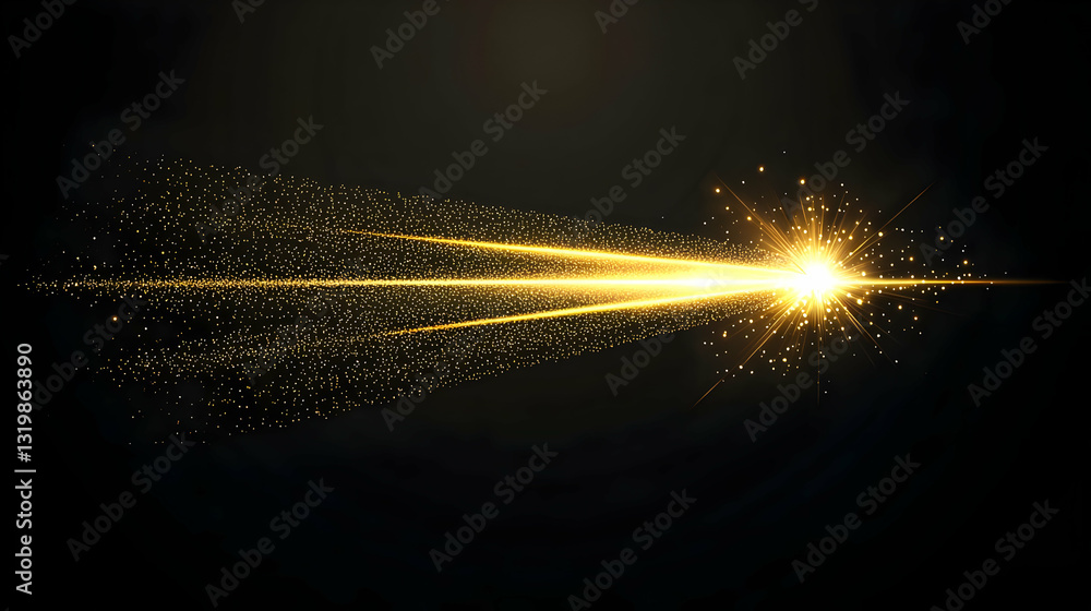 Poster golden light streak with sparkling particles on a dark background with bright illumination