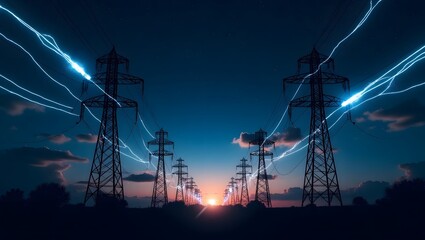 high voltage lines with blue red glow