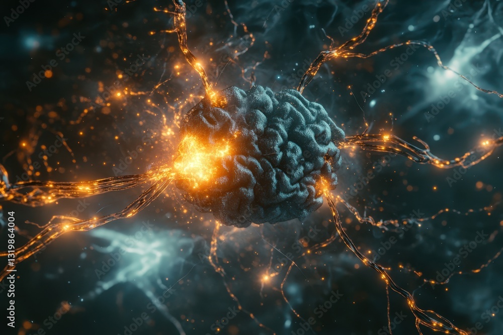 Poster visual representation of brain activity showcasing neural connections and synaptic firings