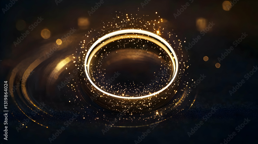 Poster glowing golden ring with sparkling light particles on dark background with elegant illuminated halo 