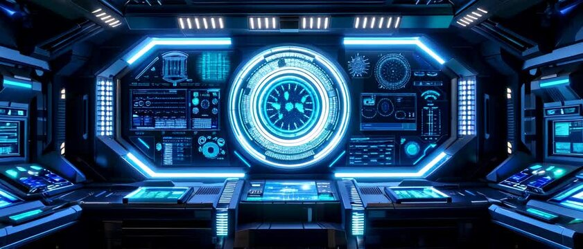 Interior of futuristic command center, control room of spy base or spaceship with digital dashboards and screens. Concept of intelligence, technology, future. 