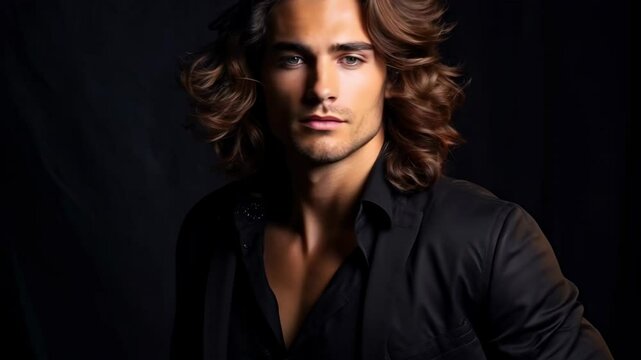 Young man model with long hair, face of handsome guy wearing black suit. Concept of style, fashion, beauty, male portrait, stylish hairstyle