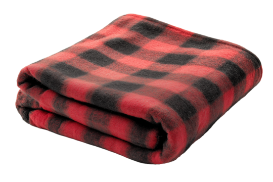 Flannel plaid throw blanket in red and black isolated on transparent white background