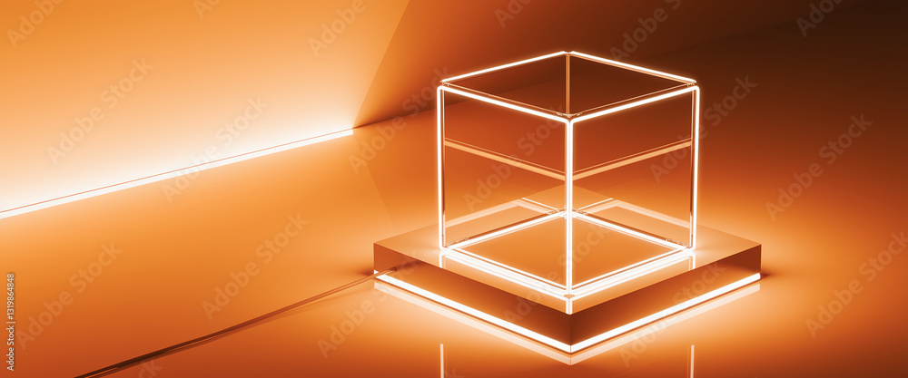 Poster illuminated glass cube on orange platform, showcasing empty space ideal for product display or adver