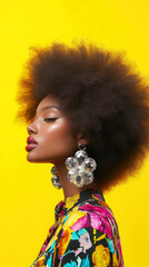 Bold fashion statement with model showcasing oversized earrings on vibrant yellow background