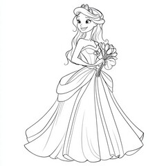 Royal Elegance: A captivating illustration of a princess, radiant in her elegant gown, cradling a bouquet of flowers, a vision of grace and charm.