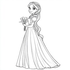 Fototapeta premium Charming Princess with Flowers: Coloring page