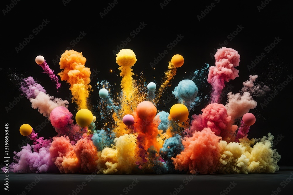 Poster colorful smoke explosion with spherical objects creating a vibrant display