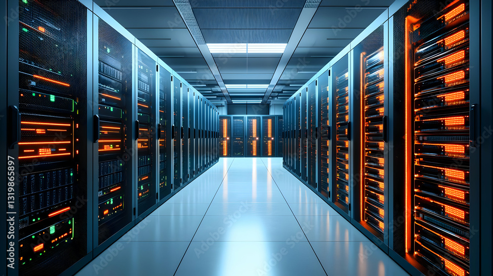 Poster modern datacenter with glowing server racks in dark room with bright reflective floor advanced techn