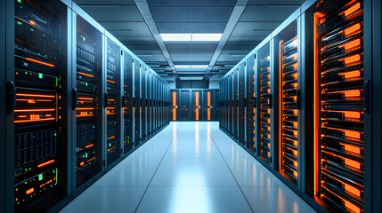 Modern Datacenter With Glowing Server Racks In Dark Room With Bright Reflective Floor Advanced Technology Infrastructure