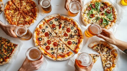 Lively gathering of friends enjoying a pizza party, surrounded by a variety of colorful pizzas and chilled drinks. Laughter and joy fill the air as they celebrate together