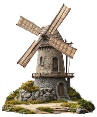 Medieval windmill with wooden sails and stone structure