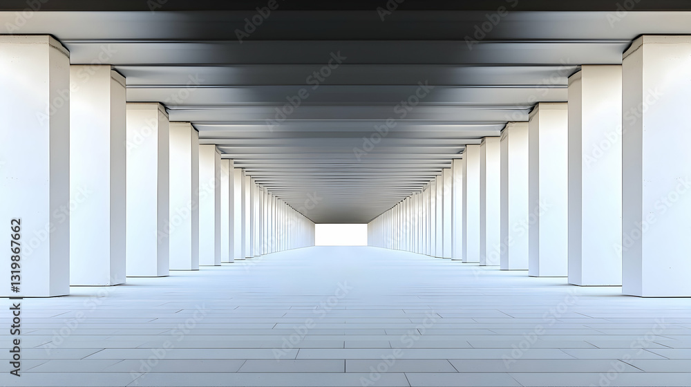 Poster symmetrical white concrete structure with geometric pillars and linear perspective with bright light