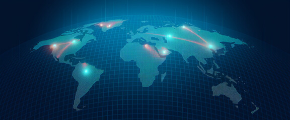 Digital world map, glowing points forming continents, connections visualized by lines, representing global network, communication, or data flow