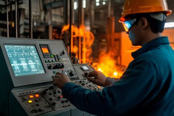 A worker in a safety helmet and goggles operates machinery controls in an industrial facility. The environment is illuminated by orange flames from nearby equipment