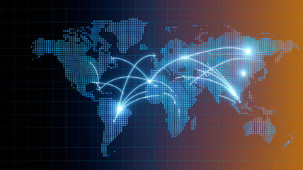 Pixelated world map with glowing lines connecting continents, illustrating global network, communication, and connectivity, ideal for technology or business concepts
