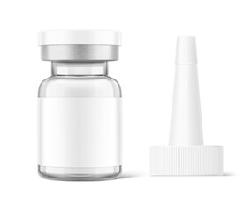 Clear glass ampoule with applicator mockup for cosmetology products. Vector illustration isolated on white background. Can be use for pharmacy cosmetic and other. Ready for your design. EPS10.