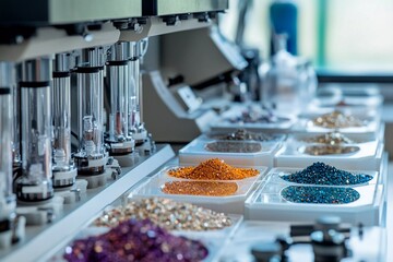 A variety of colorful gemstones are arranged meticulously on trays in a well-lit laboratory. The setup showcases precision instruments beside the gems