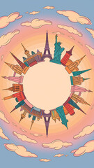 Fototapeta premium Circular illustration of famous world landmarks against a pastel sky background, creating a travel or global concept, showcasing free space for text or logo