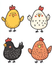 Funny and happy chickens illustrated side by side
