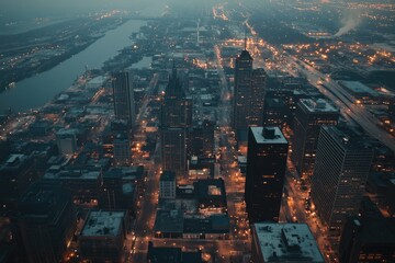 Naklejka premium Twilight Aerial Perspective of Downtown Detroit: A Stunning Overhead View of Michigan's Urban Landscape