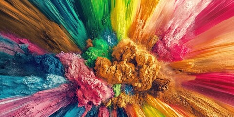 A vibrant, abstract image depicts a colorful explosion of powder pigments, radiating outwards in a dynamic, energetic burst of color.