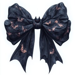 Detailed illustration of a black bow with bat motifs