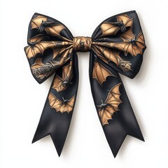 Intricate black bow adorned with bat illustrations