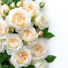 Elegant corner frame of roses on a soft white background