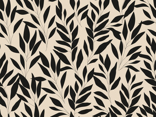 Seamless black and grey floral background with leaves. Hand drawn minimal abstract organic shapes pattern. Vector grey abstact pattern with black leaves