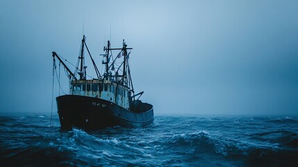 Fototapeta premium Unidentifiable fishermen on a vessel at sea in a Scandinavian region