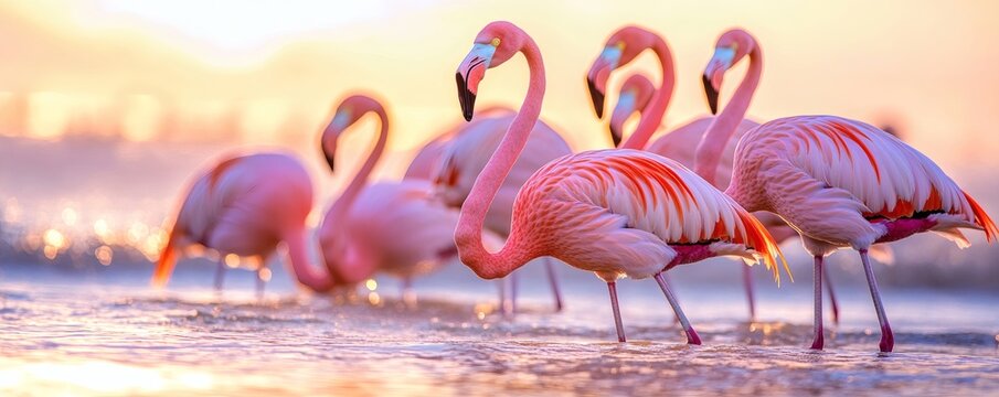 A group of graceful pink flamingos wading in shallow ocean water - Powered by Adobe