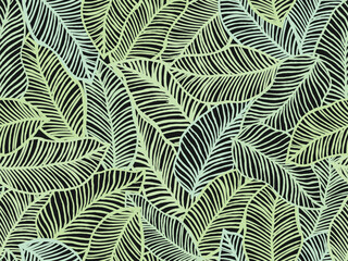 Seamless black and green floral background with leaves. Hand drawn minimal abstract organic shapes pattern. Vector black abstact pattern with green leaves