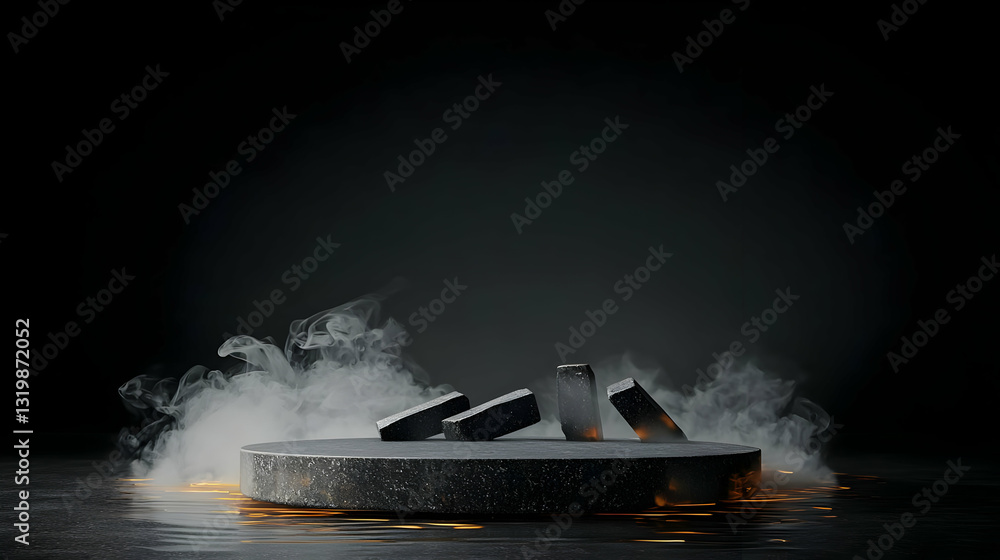 Poster dramatic 3d render of dark charcoal blocks on a circular stone platform with glowing embers and ethe